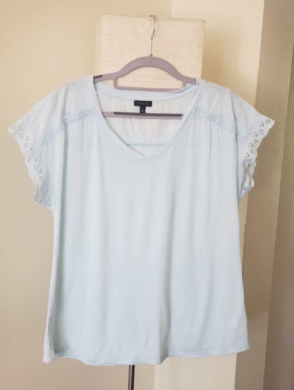 Talbots Blue Eyelet Flutter Sleeve V-Neck Top Medium